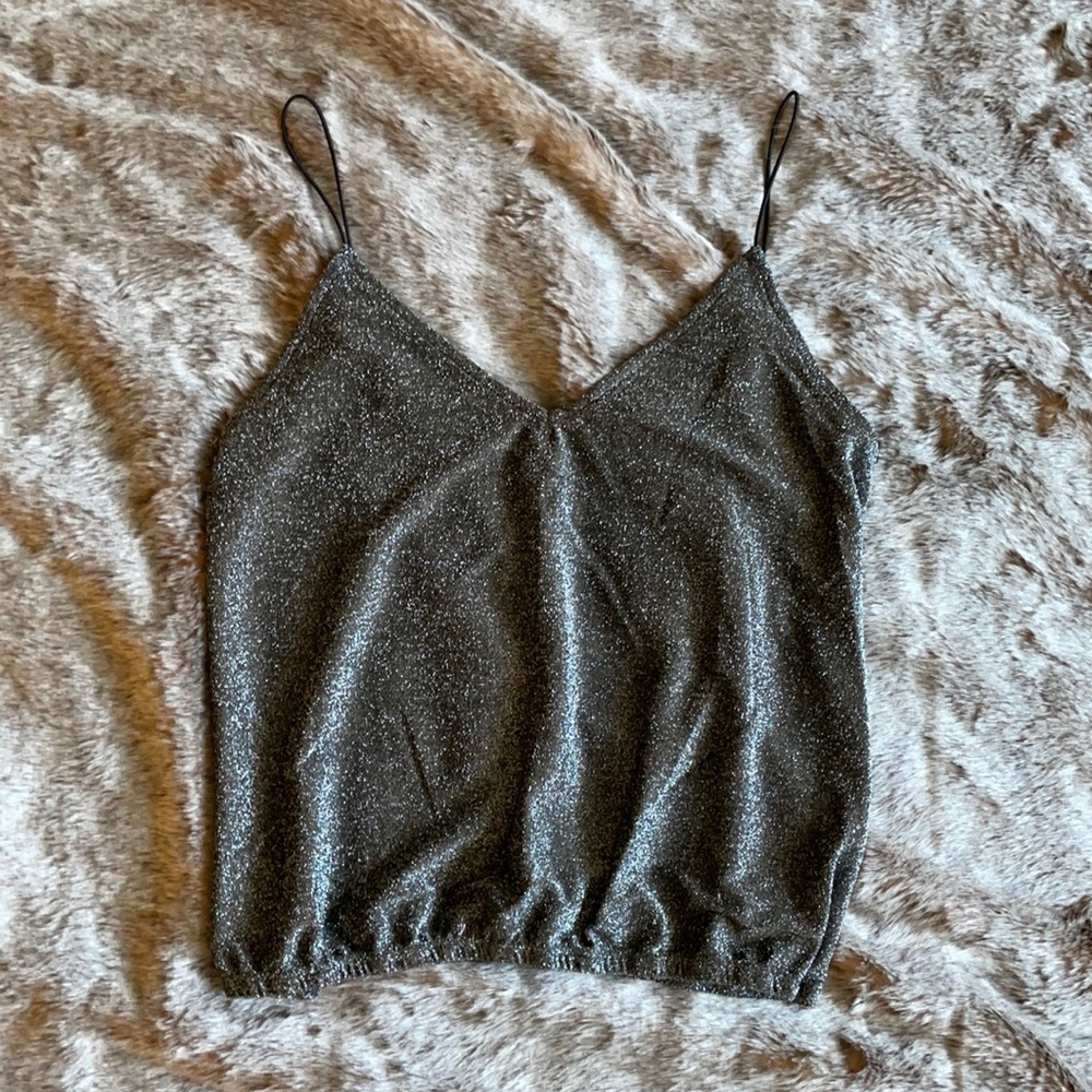 Express One Eleven Silver Sparkle V-Neck Elastic Hem Tank Size Small NWT